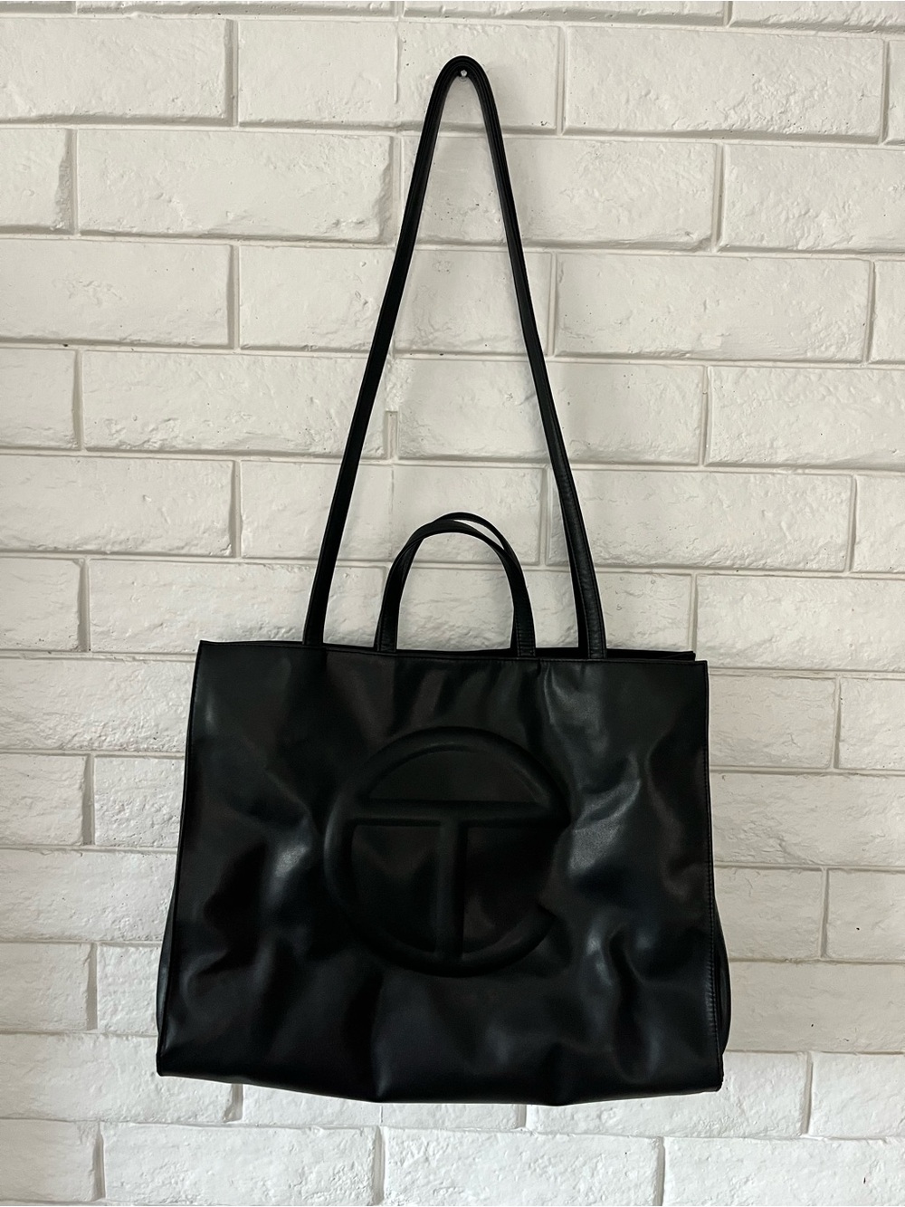 Telfar Large Black Shopping Bag Vegan Leather Embossed Logo Classic Large Tote - Picture 3 of 10